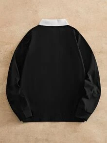 EASEVO Men's Plus Size Letter Print Button Half Placket Long Sleeve Polo Shirt, Big And Tall Men Pullover Top - Black - View 8