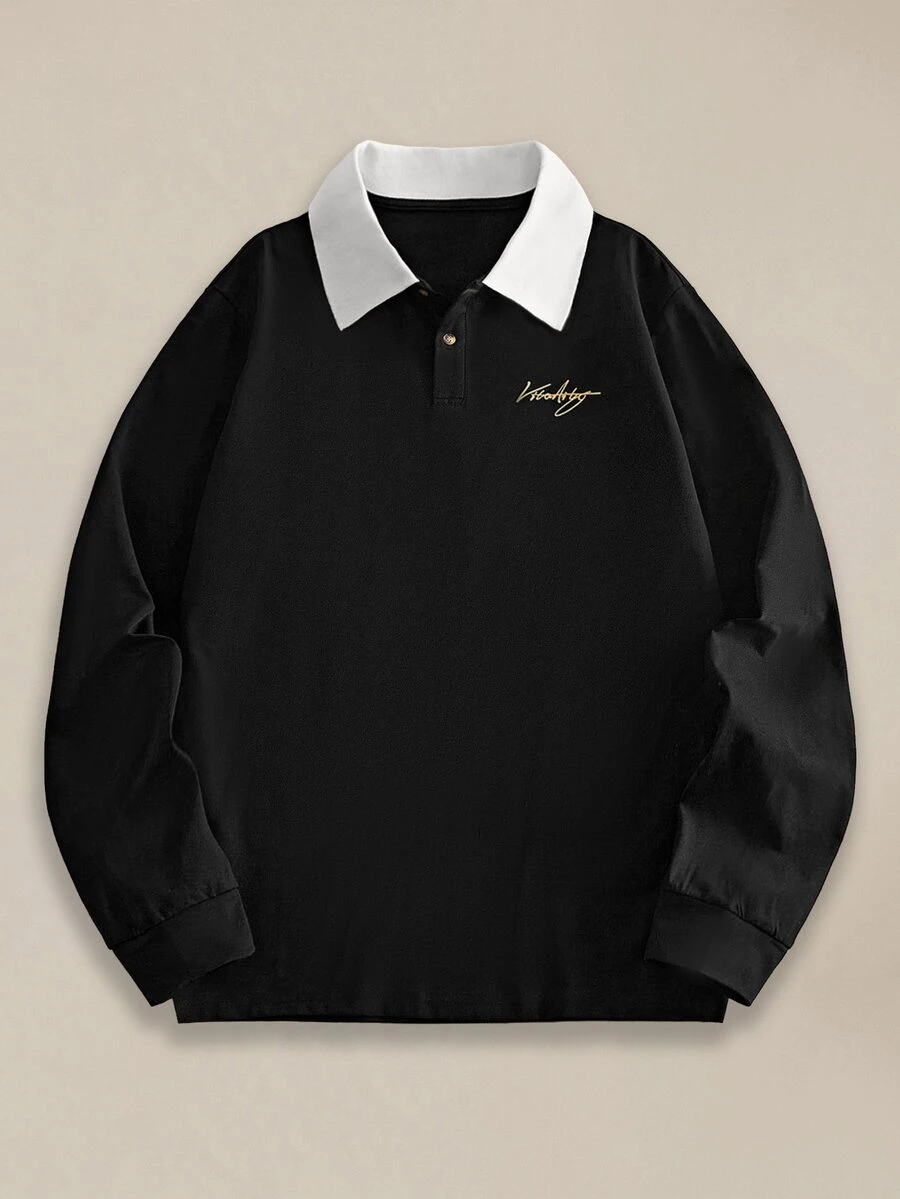 EASEVO Men's Plus Size Letter Print Button Half Placket Long Sleeve Polo Shirt, Big And Tall Men Pullover Top - Black - View 1