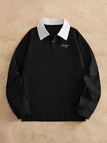EASEVO Men's Plus Size Letter Print Button Half Placket Long Sleeve Polo Shirt, Big And Tall Men Pullover Top - Black - View 5