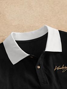 EASEVO Men's Plus Size Letter Print Button Half Placket Long Sleeve Polo Shirt, Big And Tall Men Pullover Top - Black - View 3