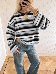 SHEIN EZwear 海外長袖條紋印花大尺碼圓領T恤，秋季上衣，適合日常通勤、聚會、秋冬春夏、聖誕節、新年、感恩節、派對、婚禮、海灘、畢業典禮、優雅、外出、約會、通勤、情人節、優雅、度假、Y2K、畢業典禮等 - 彩色 - 查看 3