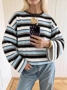 SHEIN EZwear 海外長袖條紋印花大尺碼圓領T恤，秋季上衣，適合日常通勤、聚會、秋冬春夏、聖誕節、新年、感恩節、派對、婚禮、海灘、畢業典禮、優雅、外出、約會、通勤、情人節、優雅、度假、Y2K、畢業典禮等 - 彩色 - 查看 6