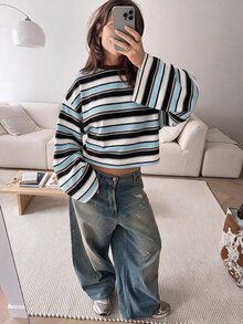 SHEIN EZwear 海外長袖條紋印花大尺碼圓領T恤，秋季上衣，適合日常通勤、聚會、秋冬春夏、聖誕節、新年、感恩節、派對、婚禮、海灘、畢業典禮、優雅、外出、約會、通勤、情人節、優雅、度假、Y2K、畢業典禮等 - 彩色 - 查看 4