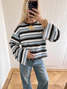 SHEIN EZwear 海外長袖條紋印花大尺碼圓領T恤，秋季上衣，適合日常通勤、聚會、秋冬春夏、聖誕節、新年、感恩節、派對、婚禮、海灘、畢業典禮、優雅、外出、約會、通勤、情人節、優雅、度假、Y2K、畢業典禮等 - 彩色 - 查看 5
