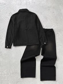 Boys' Shiny Rhinestone Black Denim Loose Long Sleeve Jacket & Pants 2-Piece Set - Black - View 2