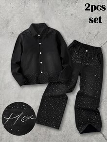 Boys' Shiny Rhinestone Black Denim Loose Long Sleeve Jacket & Pants 2-Piece Set - Black - View 1