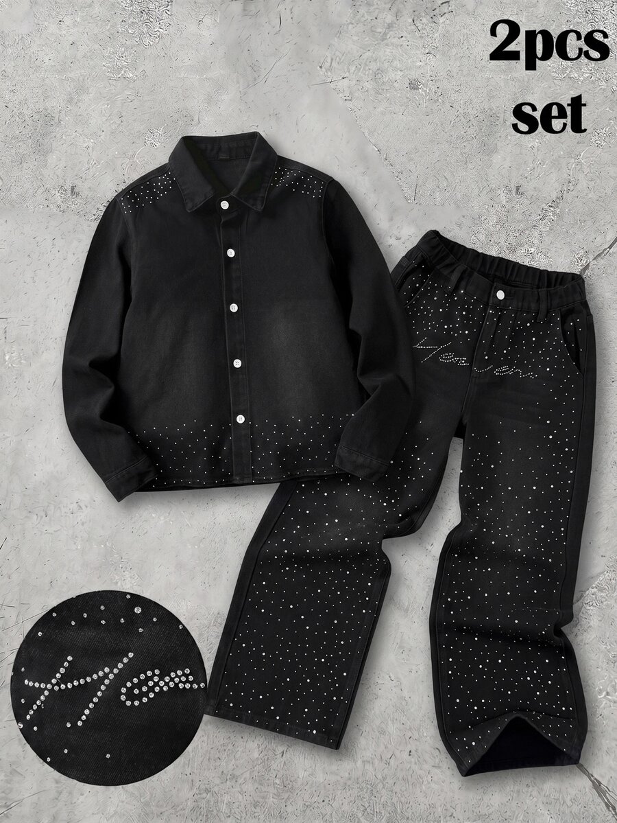 Boys' Shiny Rhinestone Black Denim Loose Long Sleeve Jacket & Pants 2-Piece Set - Black - View 1