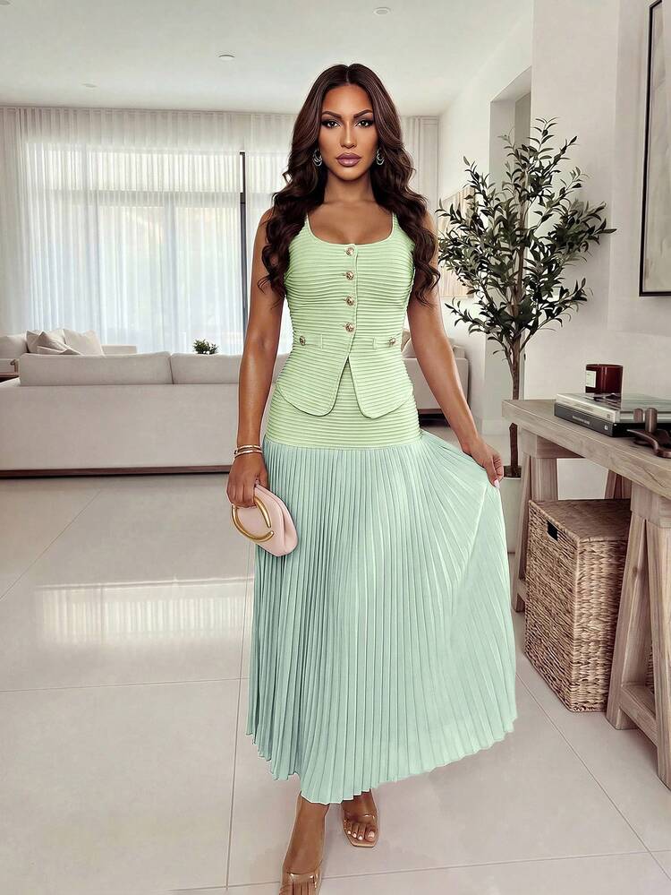 Structelle Women's Summer New Elegant Commute, Pink Knit Cardigan With Metal Buttons Sleeveless Top + Pleated Skirt - Cadet Blue - View 4