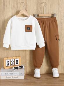 SHEIN 2pcs/Set Kids Boy White Winter Back-To-School Day Casual Color Block Patchwork Crew Neck Sweatshirt & Elastic Waist Autumn Pants Fleece Thickened Set - Multicolor - View 3
