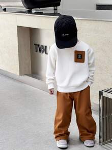 SHEIN 2pcs/Set Kids Boy White Winter Back-To-School Day Casual Color Block Patchwork Crew Neck Sweatshirt & Elastic Waist Autumn Pants Fleece Thickened Set - Multicolor - View 11