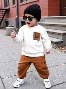 SHEIN 2pcs/Set Kids Boy White Winter Back-To-School Day Casual Color Block Patchwork Crew Neck Sweatshirt & Elastic Waist Autumn Pants Fleece Thickened Set - Multicolor - View 10