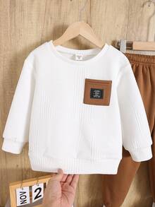 SHEIN 2pcs/Set Kids Boy White Winter Back-To-School Day Casual Color Block Patchwork Crew Neck Sweatshirt & Elastic Waist Autumn Pants Fleece Thickened Set - Multicolor - View 7