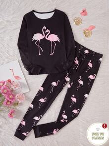 Bộ đồ mặc nhà ôm sát cho bé gái tuổi teen 1 set, áo tay dài nền đen họa tiết chim hồng hạc thời trang + quần dài ôm dáng co giãn cao thân thiện với da in toàn thân, set 2 món (bán lẻ 1 set) - màu đen - Xem 7