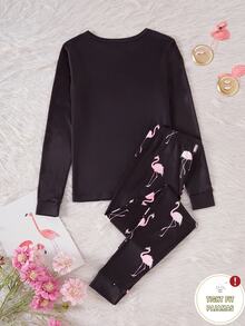 Bộ đồ mặc nhà ôm sát cho bé gái tuổi teen 1 set, áo tay dài nền đen họa tiết chim hồng hạc thời trang + quần dài ôm dáng co giãn cao thân thiện với da in toàn thân, set 2 món (bán lẻ 1 set) - màu đen - Xem 3