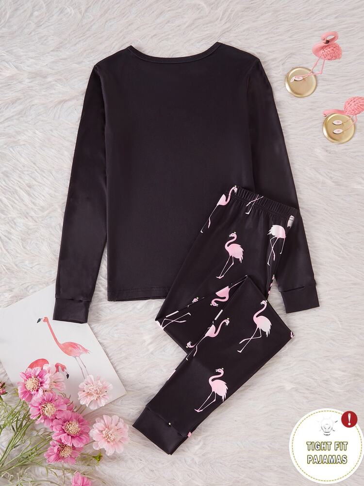 1 Set Teen Girls Snug Fit Loungewear Set, Fashion Flamingo Print Black Base Long Sleeve Top + All-Over Print High Elastic Skin-Friendly Slim Fit Long Pants, 2 Pieces Set (1 Set Sold Separately) - Black - View 3