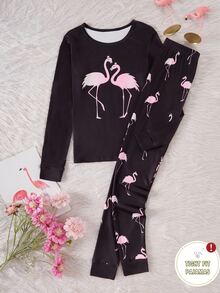 Bộ đồ mặc nhà ôm sát cho bé gái tuổi teen 1 set, áo tay dài nền đen họa tiết chim hồng hạc thời trang + quần dài ôm dáng co giãn cao thân thiện với da in toàn thân, set 2 món (bán lẻ 1 set) - màu đen - Xem 5