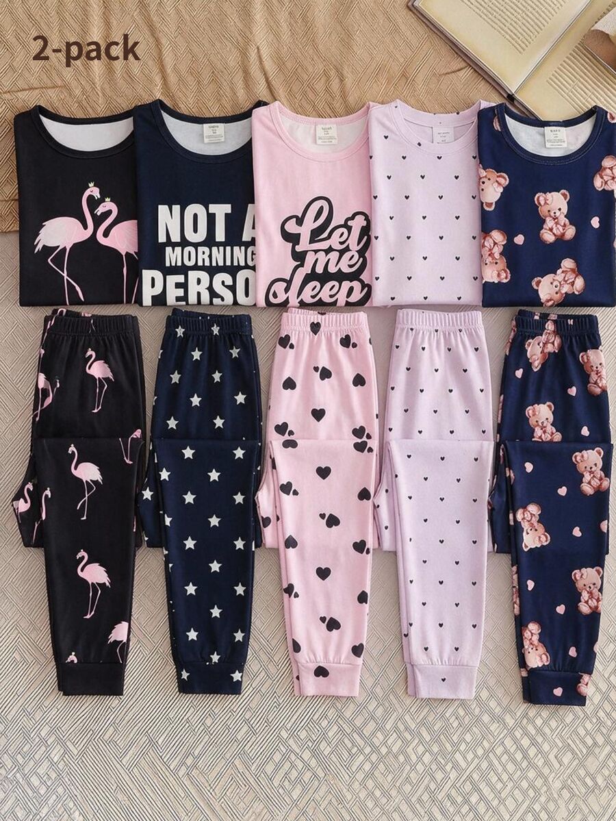 Bộ đồ mặc nhà ôm sát cho bé gái tuổi teen 1 set, áo tay dài nền đen họa tiết chim hồng hạc thời trang + quần dài ôm dáng co giãn cao thân thiện với da in toàn thân, set 2 món (bán lẻ 1 set) - màu đen - Xem 1