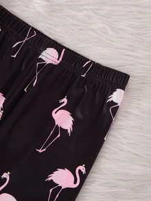 Bộ đồ mặc nhà ôm sát cho bé gái tuổi teen 1 set, áo tay dài nền đen họa tiết chim hồng hạc thời trang + quần dài ôm dáng co giãn cao thân thiện với da in toàn thân, set 2 món (bán lẻ 1 set) - màu đen - Xem 9