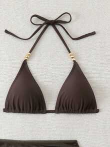 SHEIN Swim 3pcs Women's Sexy Solid Color V-Neck Halter Tie Bikini Set Set With Cover-Up - Brown - View 5