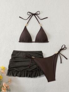 SHEIN Swim 3pcs Women's Sexy Solid Color V-Neck Halter Tie Bikini Set Set With Cover-Up - Brown - View 7