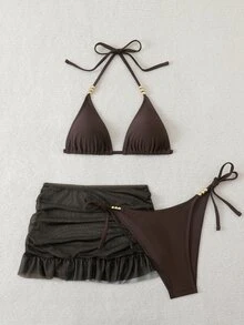 SHEIN Swim 3pcs Women's Sexy Solid Color V-Neck Halter Tie Bikini Set Set With Cover-Up - Brown - View 3