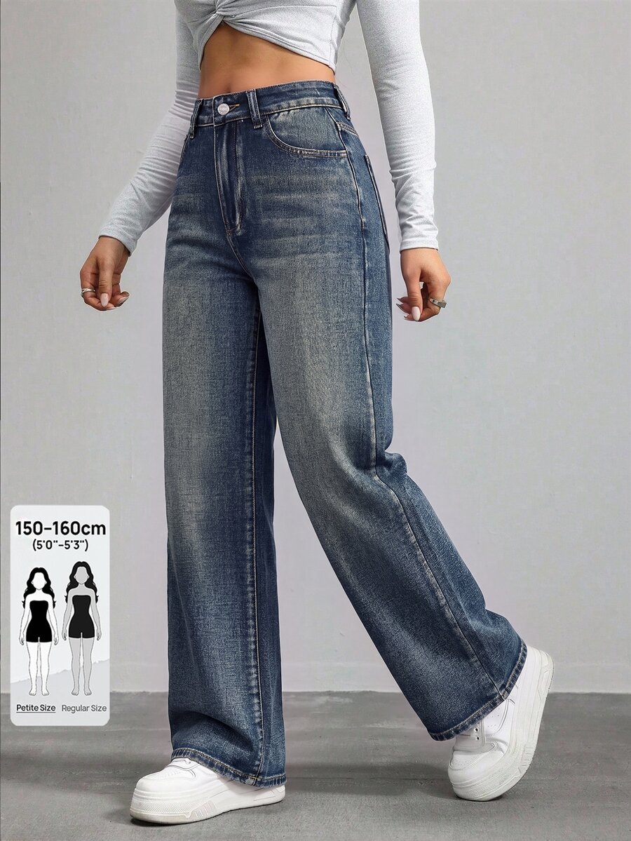 SHEIN PETITE Women's Casual Washed Straight Leg Jeans - Dark Wash - View 1