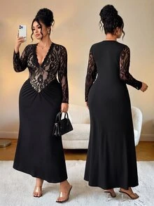 Elenzga Gaun Maxi Mermaid Bodycon Berkerut Lengan Panjang Berenda Elegan untuk Wanita Ukuran Plus, Cocok untuk Sehari-hari, Kencan, dan Pesta - Hitam - View 2