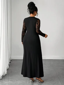 Elenzga Gaun Maxi Mermaid Bodycon Berkerut Lengan Panjang Berenda Elegan untuk Wanita Ukuran Plus, Cocok untuk Sehari-hari, Kencan, dan Pesta - Hitam - View 3