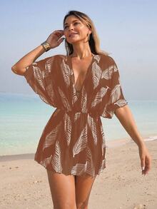Swim Lushoire غطاء شبكي مطبوع بورقة للنساء، ملابس شاطئ وحمام سباحة عادية، للربيع/الصيف - قهوة بني - مشاهدة 8