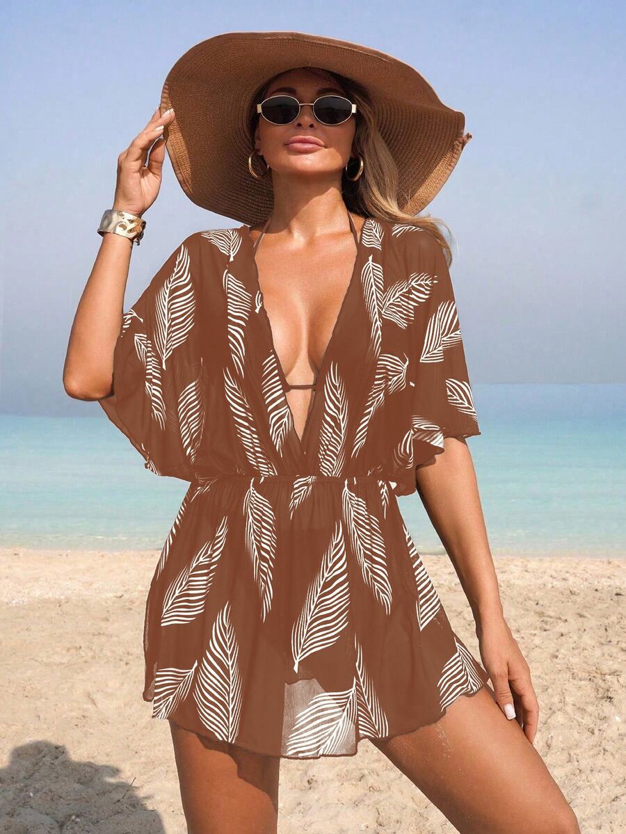 Swim Lushoire غطاء شبكي مطبوع بورقة للنساء، ملابس شاطئ وحمام سباحة عادية، للربيع/الصيف - قهوة بني - مشاهدة 1