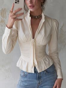 Glimmora Women's Autumn/Winter Fashion Vintage Deep V-Neck Pleated Bust Bow Front Long Sleeve Button-Up Solid Color Top - Apricot - View 5