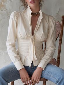 Glimmora Women's Autumn/Winter Fashion Vintage Deep V-Neck Pleated Bust Bow Front Long Sleeve Button-Up Solid Color Top - Apricot - View 4