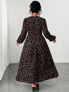 Elenzga Plus Allover Print Lantern Sleeve Cinched Waist Dress Autumn Brunch Formal Black Elegant - Black - View 2