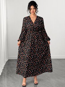 Elenzga Plus Allover Print Lantern Sleeve Cinched Waist Dress Autumn Brunch Formal Black Elegant - Black - View 7