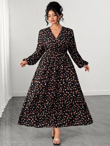 Elenzga Plus Allover Print Lantern Sleeve Cinched Waist Dress Autumn Brunch Formal Black Elegant - Black - View 4