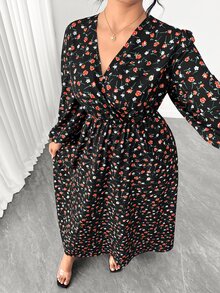 Elenzga Plus Allover Print Lantern Sleeve Cinched Waist Dress Autumn Brunch Formal Black Elegant - Black - View 5