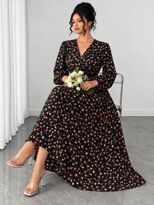 Elenzga Plus Allover Print Lantern Sleeve Cinched Waist Dress Autumn Brunch Formal Black Elegant - Black - View 3