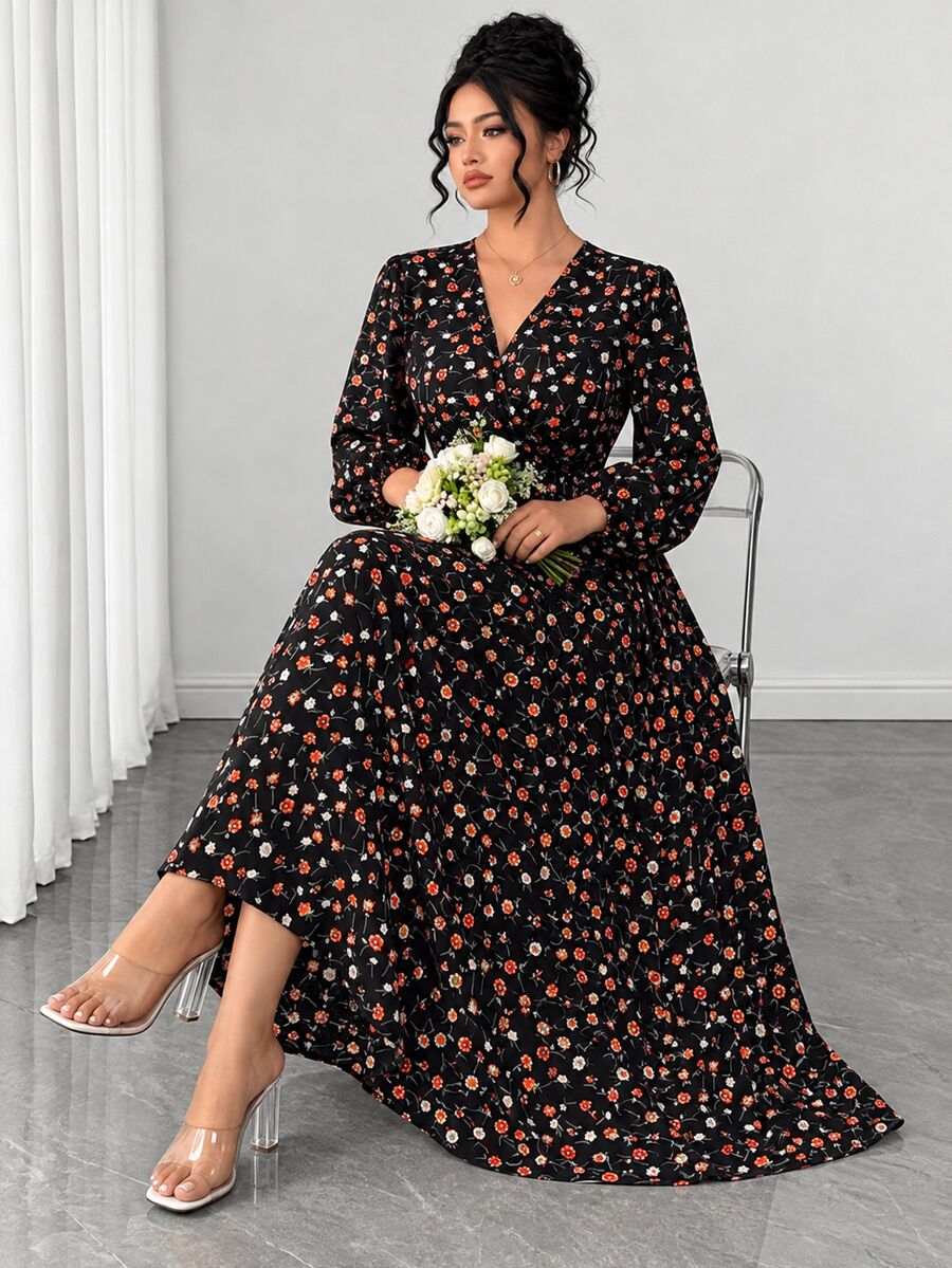 Elenzga Plus Allover Print Lantern Sleeve Cinched Waist Dress Autumn Brunch Formal Black Elegant - Black - View 1