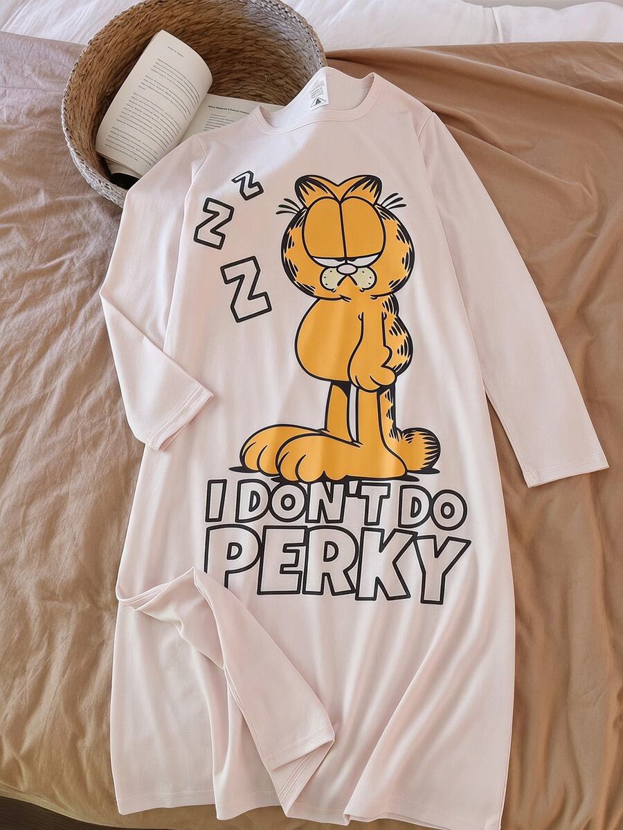 GARFIELD | SHEIN Tween Girl Cute Cartoon Print Long Sleeve Nightgown - Apricot - View 1