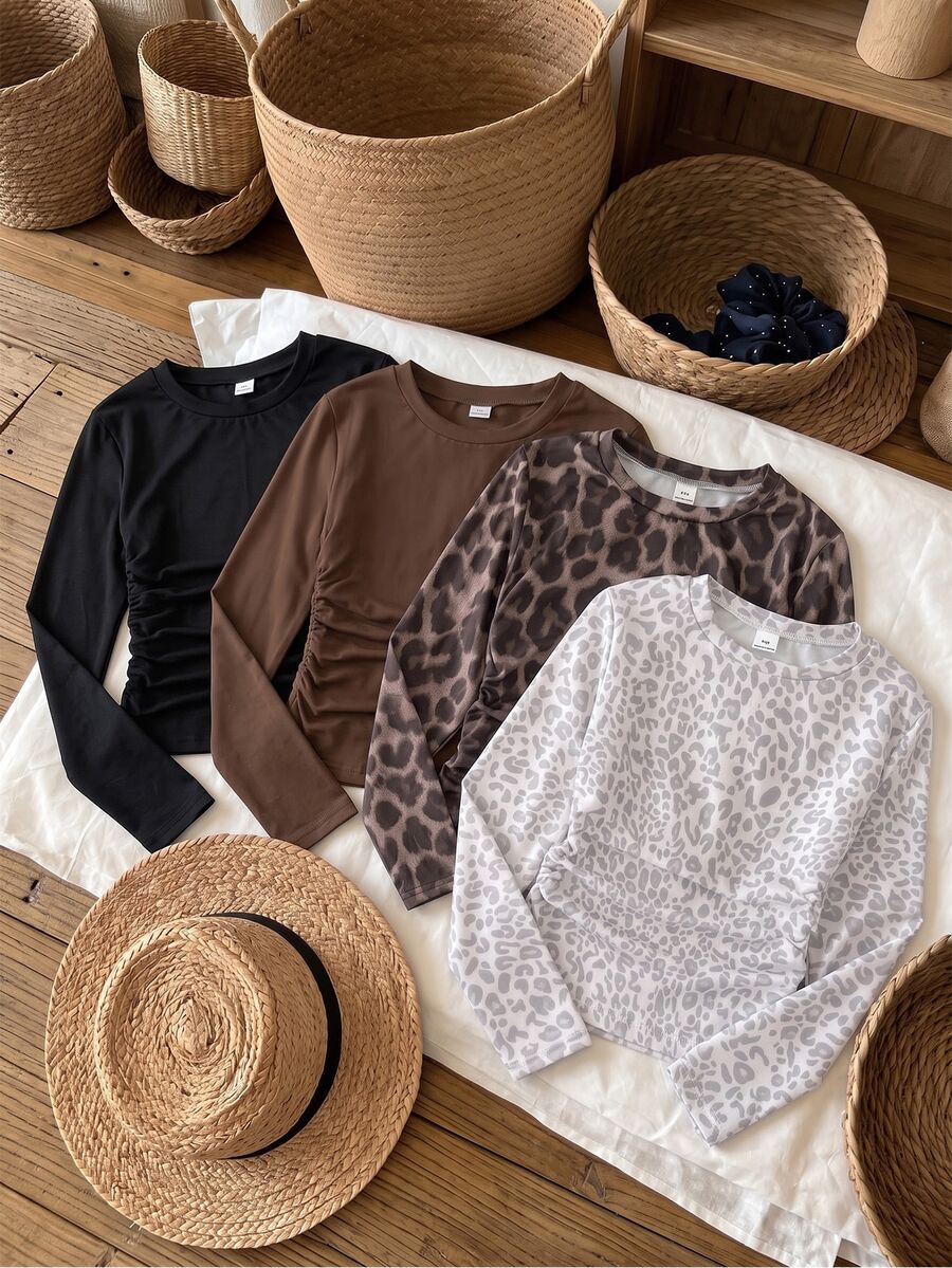 1 Piece Tween Girls' Solid Color Leopard Print Side Ruched Long Sleeve Crew Neck T-Shirt, Fashion Y2K Casual Soft Top For Spring, Autumn, Winter - Multicolor - View 1