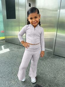 SHEIN LMoss Kids 女童針織素色立領休閒夾克與長褲兩件套，磨毛加厚面料，適合秋冬 - 灰色 - 查看 6