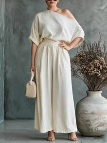 Linhara CURVE Women's Casual Comfortable Vacation 2 Pieces Set, Spring/Autumn Solid Color Round Neck Drop Shoulder Short Sleeve Top With High Waist Wide Leg Pants, - Apricot - View 4