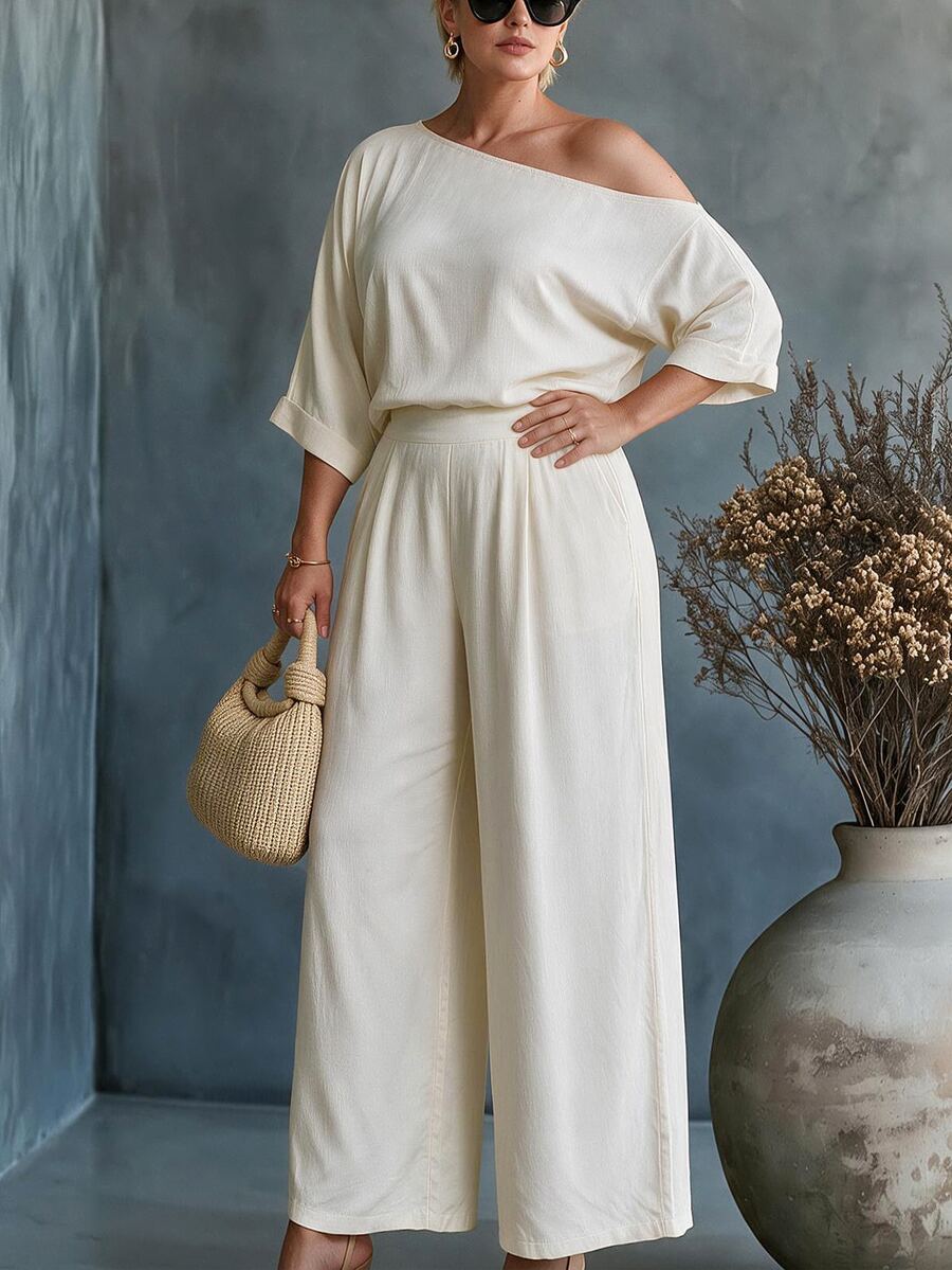 Linhara CURVE Women's Casual Comfortable Vacation 2 Pieces Set, Spring/Autumn Solid Color Round Neck Drop Shoulder Short Sleeve Top With High Waist Wide Leg Pants, - Apricot - View 1