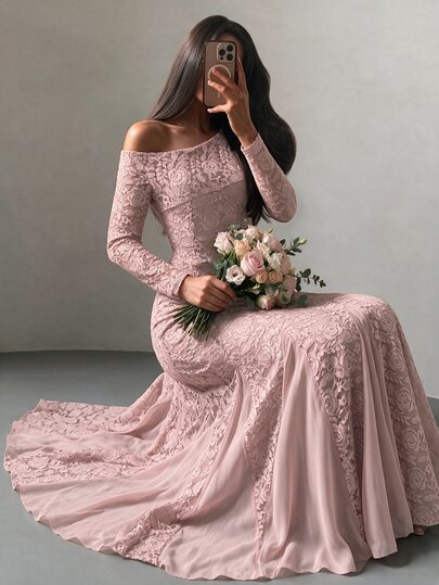 NOVVYNE Women's Pink Knitted Lace Long Sleeve Asymmetric Neck Cinched Waist A-Line Chiffon Patchwork Elegant Romantic Dress