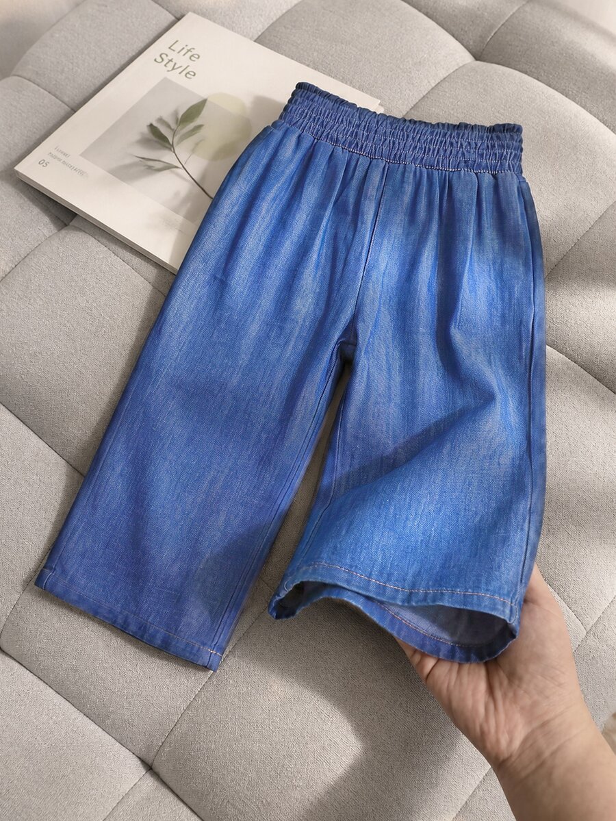 SHEIN Vintaside Kids 女嬰高腰寬腿牛仔褲，附彈性腰帶，人造絲面料，適合春夏，輕量面料秋季