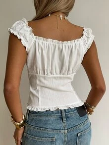 SHEIN EZwear 夏季度假穿搭女款白色梭織荷葉邊飾鈕扣襯衫上衣，浪漫優雅度假風早午餐外出上衣 - 白色 - 查看 2