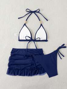 SHEIN Swim Women's 3pcs Summer Sexy Solid Color V-Neck Halter Tie Bikini Set Set With Cover-Up Skirt - Navy Blue - View 2