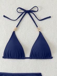 SHEIN Swim Women's 3pcs Summer Sexy Solid Color V-Neck Halter Tie Bikini Set Set With Cover-Up Skirt - Navy Blue - View 4