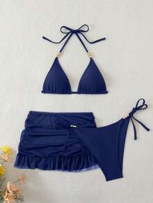 SHEIN Swim Women's 3pcs Summer Sexy Solid Color V-Neck Halter Tie Bikini Set Set With Cover-Up Skirt - Navy Blue - View 7