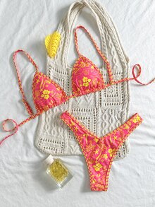 Swim Mod Random Print Spaghetti Strap High Cut Shorts Sexy Bikini Set, Women Summer Beachwear Outfits, Springbreak - Multicolor - View 1